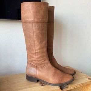 J Crew Nottingham Tall Leather Boots cognac low heel zip center size 10